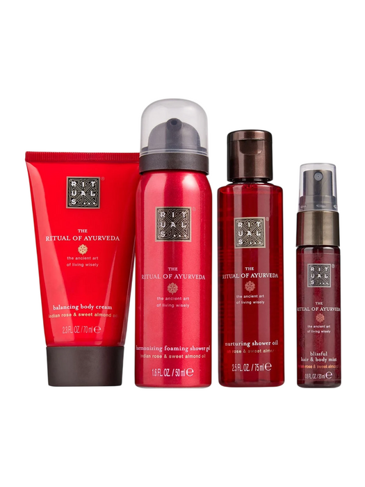 Set Rituals The Ritual Of Ayurveda: spumă de duș 50 ml + ulei de duș pentru piele uscată 75 ml + spray de păr 20 ml + cremă de corp 70 ml