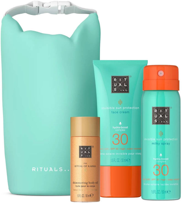 Set Rituals The Ritual Of Karma, ulei de corp iluminator 30 ml + cremă de față SPF 30 50 ml + spray solar SPF 30 50 ml