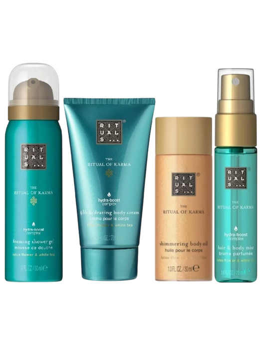 Set Rituals The Ritual Of Karma: spumă de duș 50 ml + ulei de corp strălucitor 30 ml + cremă de corp hidratantă 70 ml + mist parfumat pentru păr 20 ml