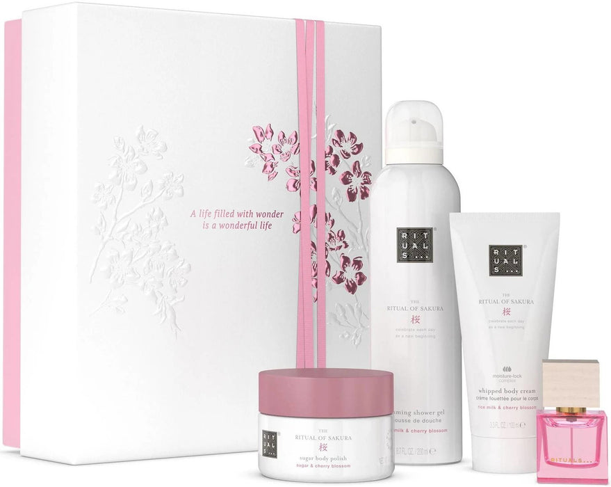 Set Rituals The Ritual Of Sakura: scrub de corp 125 g + mousse de duș 200 ml + cremă de corp 100 ml + apă de parfum Reve De Hanami 15 ml, pentru femei