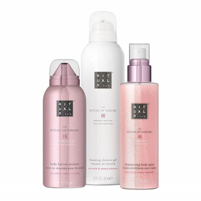 Set Rituals The Ritual Of Sakura: spumă de duș 200 ml + spray de corp strălucitor 150 ml + loțiune de corp 150 ml