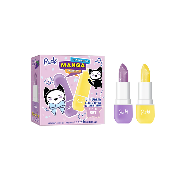 Set de balsamuri de buze Rude Cosmetics Manga Collection Grape Kiss + Pineapple Kiss, hidratante, 2 x 3,5 ml
