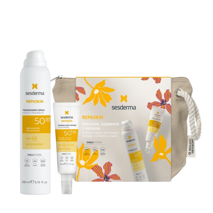 Set de protecție solară Sesderma Repaskin: spray SPF 50, 200 ml + fluid facial SPF 50, 50 ml