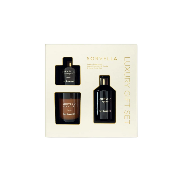 Set pentru parfumarea casei Sorvella Day Dreaming, Citrus: lumânare parfumată 170 g + spray de cameră 250 ml + difuzor cu bețișoare 120 ml