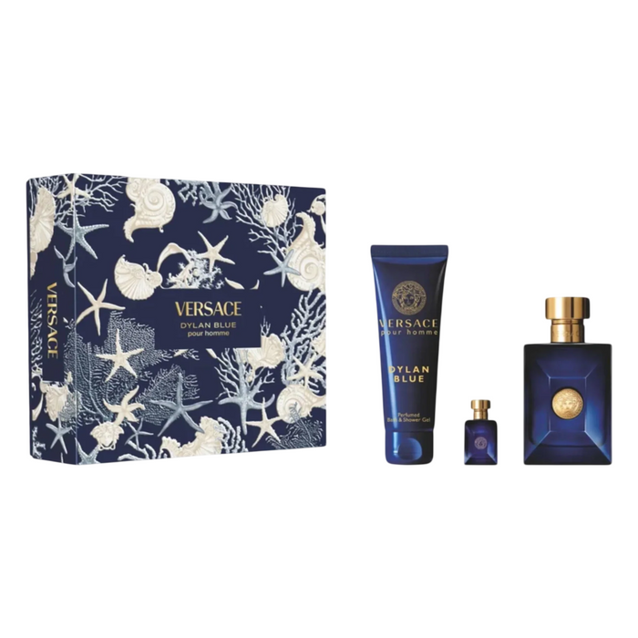 Set Versace Dylan Blue, pentru bărbați: apă de toaletă 100 ml + apă de toaletă miniatură 5 ml + gel de duș 150 ml