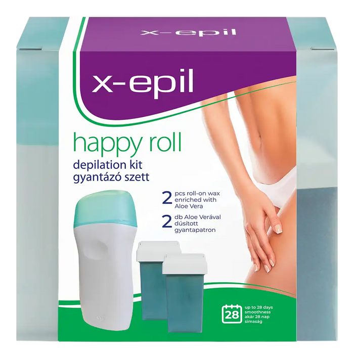 Set de depilare X-Epil Happy Roll, ceară roll-on cu aloe vera, aparat + 2 cartușe + 10 benzi pentru picioare