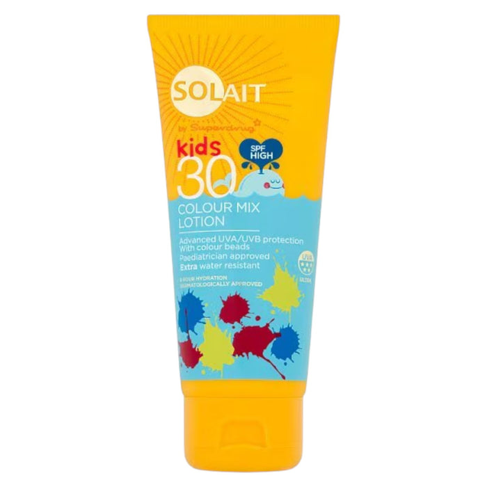 Loțiune de protecție solară Superdrug Solait Kids Colour Mix, rezistentă la apă, SPF 30, 100 ml, tester