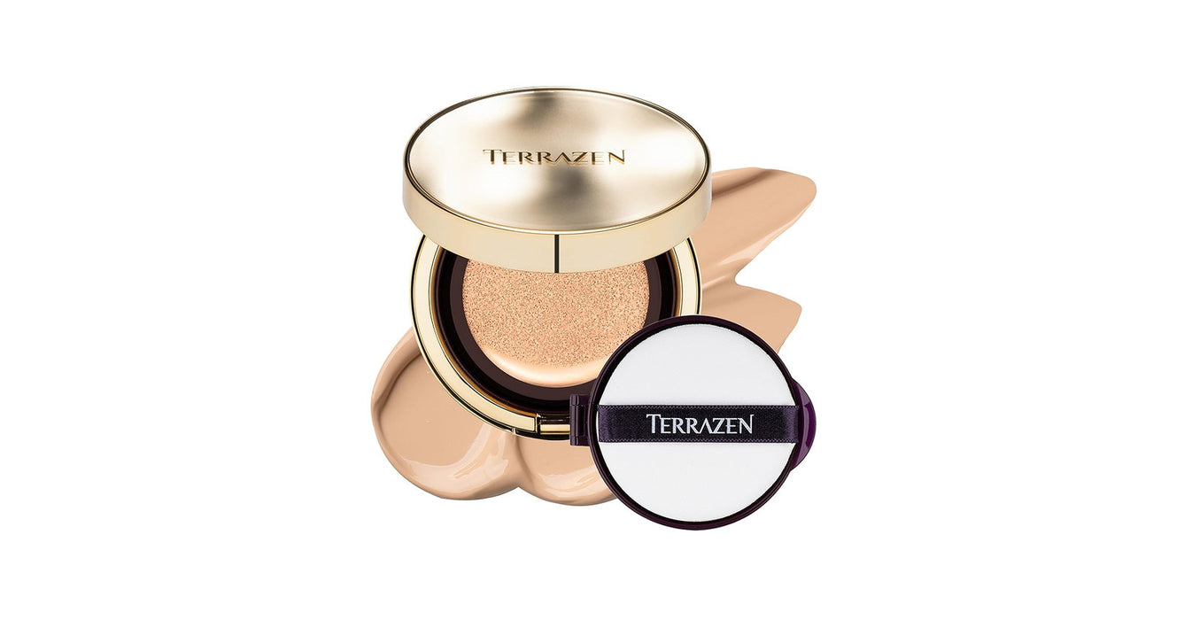 Fond de ten cremos Terrazen Perfect Finish Cushion, finisaj radiant, nuanța 21 Bej deschis, SPF 50+, 15 g