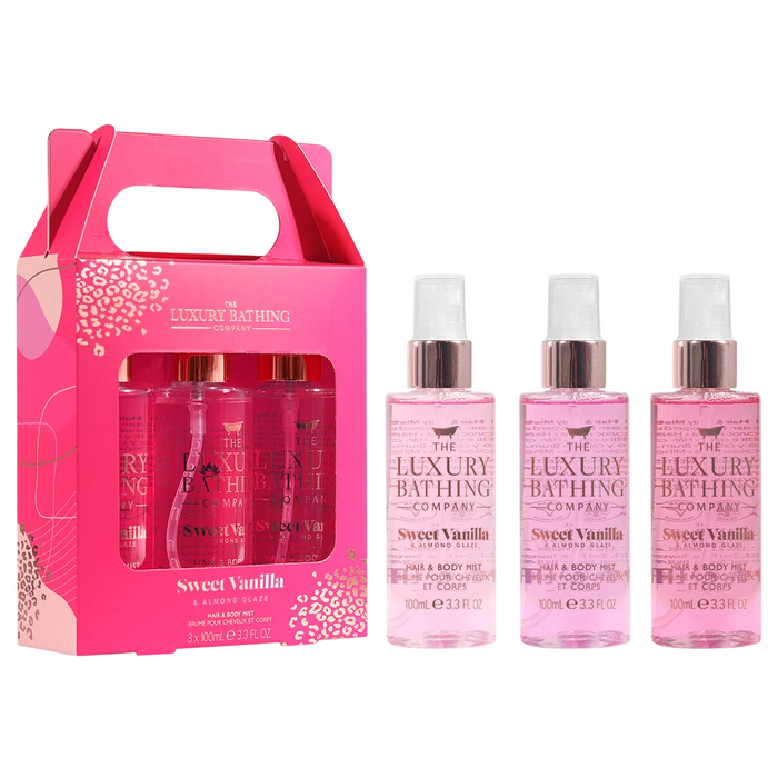 Set spray de corp The Luxury Bathing Company Sweet Vanilla & Almond Glaze, pentru păr și corp, 3 x 100 ml