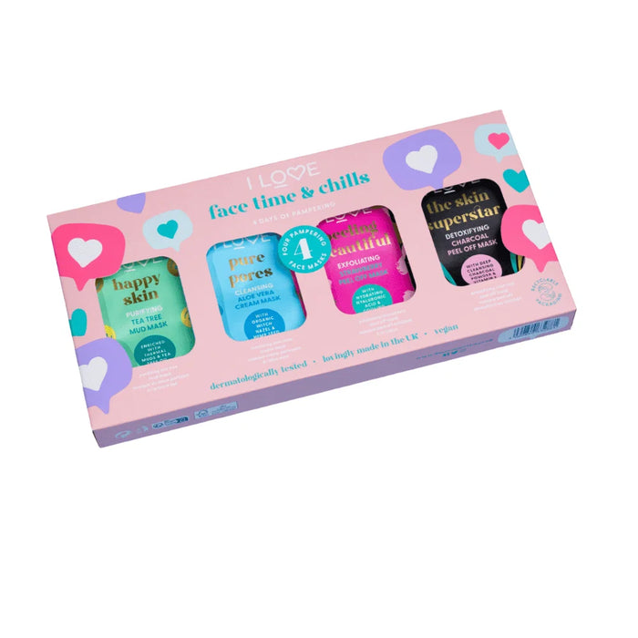 Set măști faciale I Love Time & Chills, exfoliantă + detoxifiantă + purifiantă + pentru curățarea porilor, 4 x 10 ml