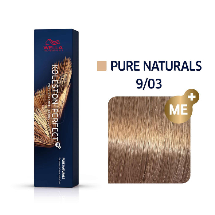 Vopsea permanentă de păr Wella Professionals Koleston Perfect Me+ Pure Naturals, nuanța 9/03 Very Light Blonde Natural Gold, 60 ml