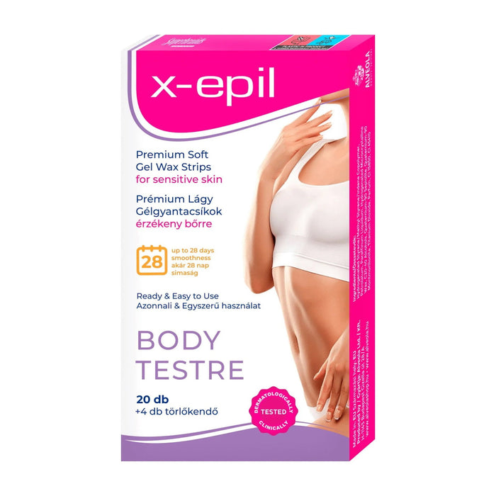 Benzi cu ceară pentru epilare X-Epil Premium Soft, pentru piele sensibilă, finisaj mătăsos, 20 buc + 4 șervețele