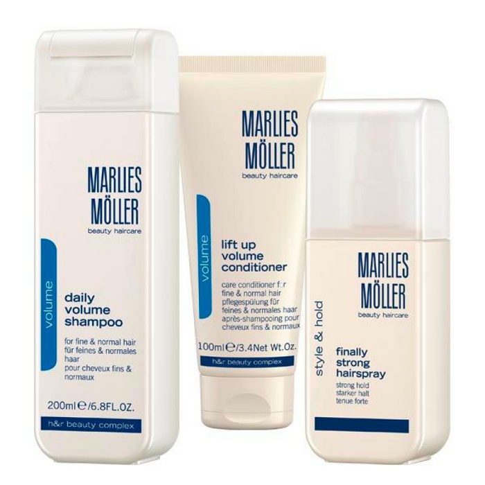 Set șampon pentru volum Marlies Moller Daily Volume 200 ml + balsam Lift-Up 100 ml + fixativ Finally Strong, fixare puternică, 125 ml